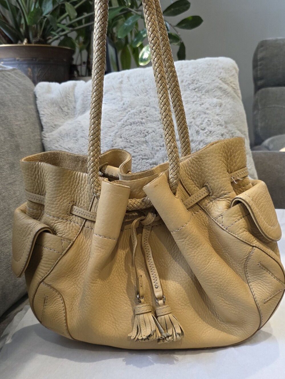 Vintage Y2K Cole Haan Pebbled Leather Drawstring Shoulder Bag in Tan